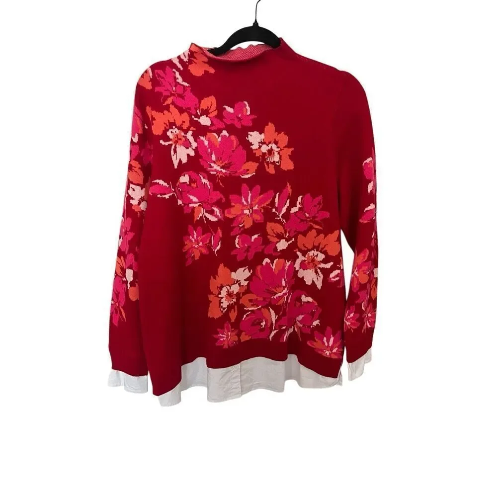 Isaac Mizrahi Live! Womens  Red Floral Mock Neck Faux Undershirt sz L